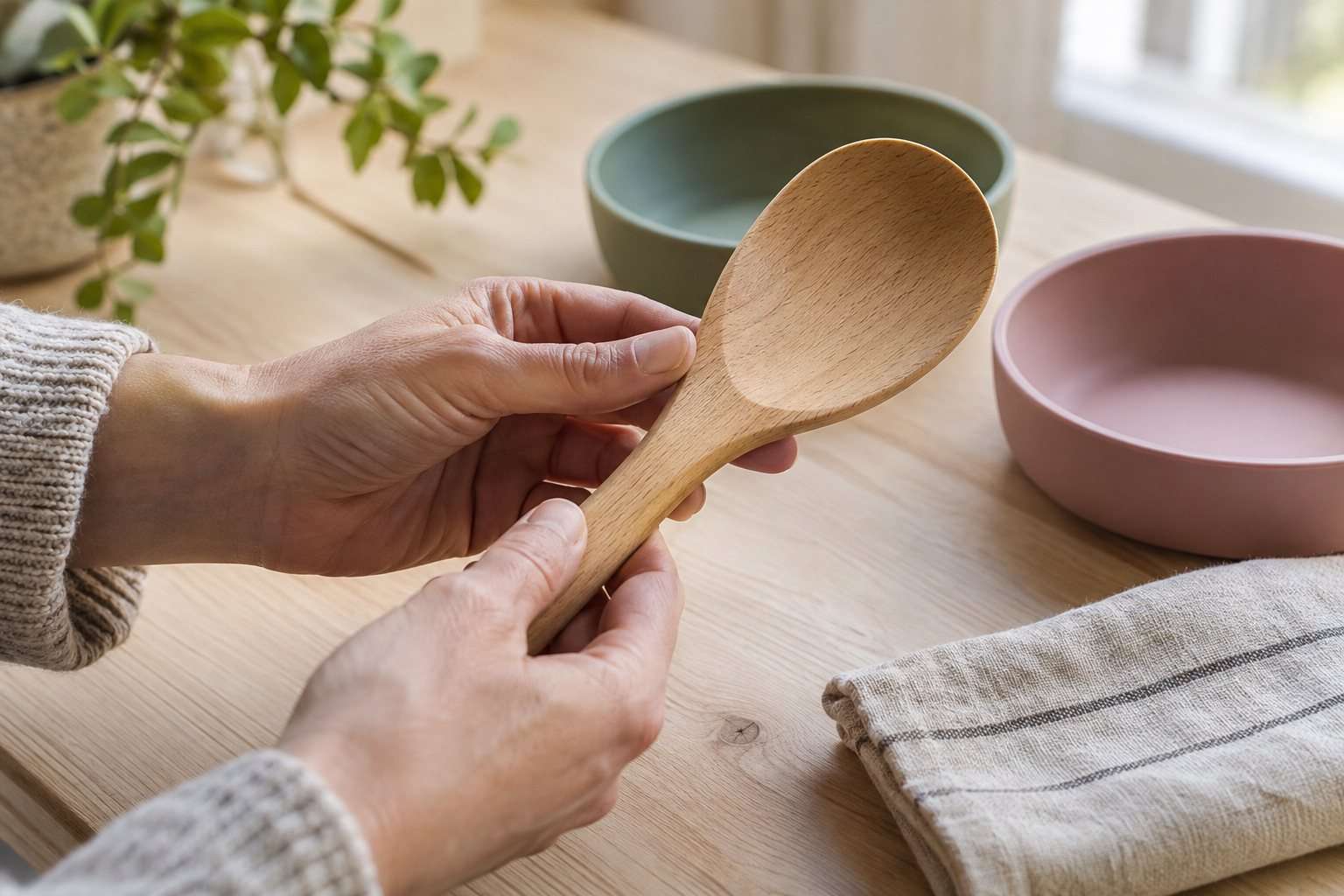 Manos adultas revisan la superficie de una cuchara de madera junto a varios cuencos.